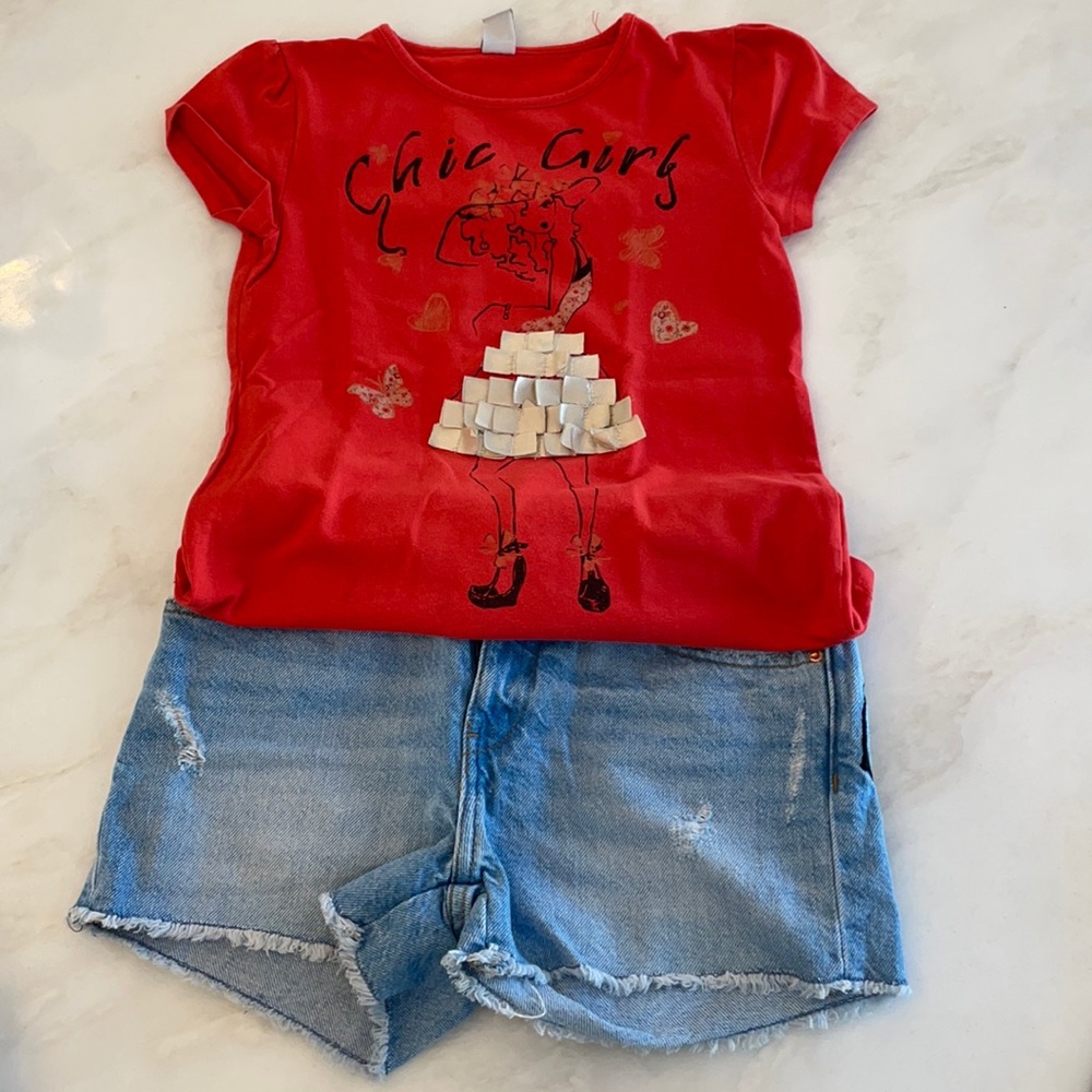 Zara Girls Red Graphic S/S Tee-Size 7/8